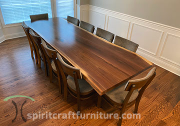 Black Walnut Natural Live Edge Slab Dining Table with RH Yoder Upholstered Mid Century Style Chairs
