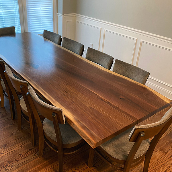 Black Walnut Natural Live Edge Slab Dining Table from Two Slabs with RH Yoder Emerson Upholstered Mid Century Style Chairs