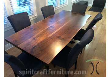 96 x 38 Live Edge Walnut Three Slab Dining Table with Spider Base and Upholstered Chairs available at Spiritcraft Furniture, Dundee, IL