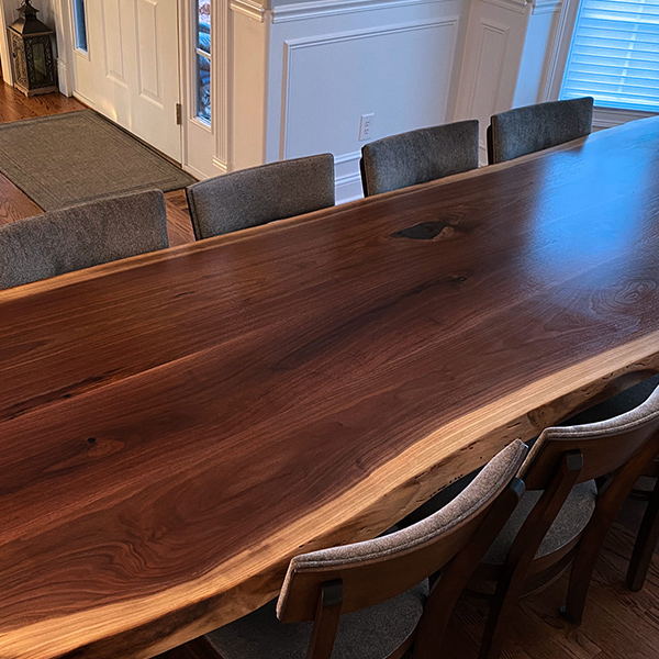 Live Edge Dining Table from Three Slabs with RH Yoder "Emerson" Side Chairs in Chicago Area Residence