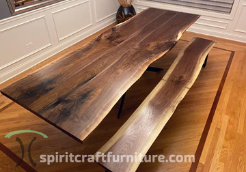 132" Long Dining Table in Black Walnut Live Edge with Matching Bench