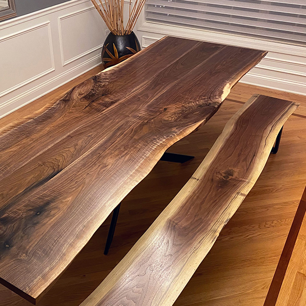 132 inch Long Dining Table in Black Walnut Live Edge with Matching Bench