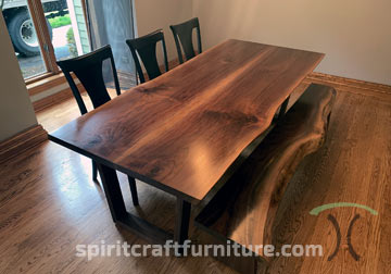 Live Edge Walnut Dining Table with Matching Bench crafted in the USA by Spiritcraft Furniture, Dundee, IL