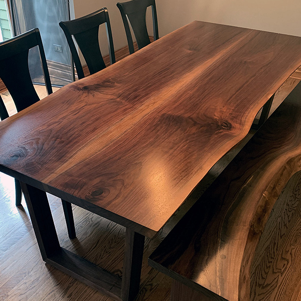 Book Matched Live Edge Walnut Dining Table with Matching Bench