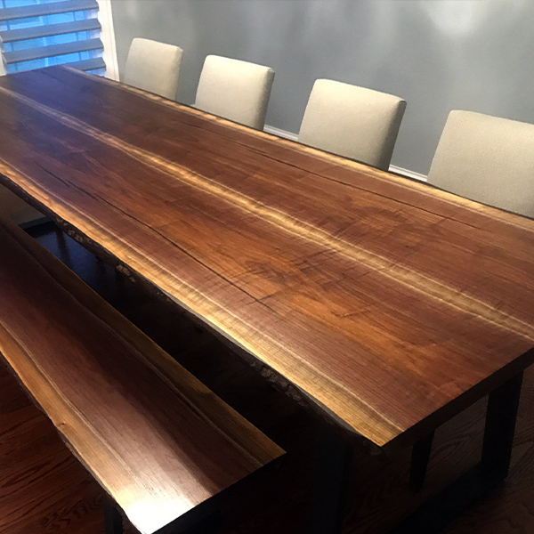 Live Edge Dining Table from Solid Black Walnut Slabs on Steel Trapezoid Legs with Matching Bench