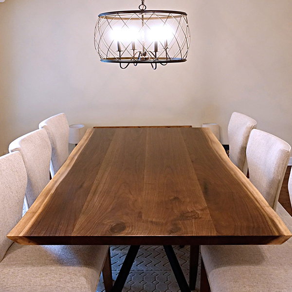Custom Made Live Edge Walnut Dining Table Fabricated from Multiple Slabs of the Same Tree with Upholstered RH Yoder Roosevelt Chairs