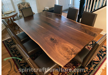 Black Walnut Live Edge Dining Table with Leather Bow River Side Chairs by RH Yoder for Barrington, Illinois Client