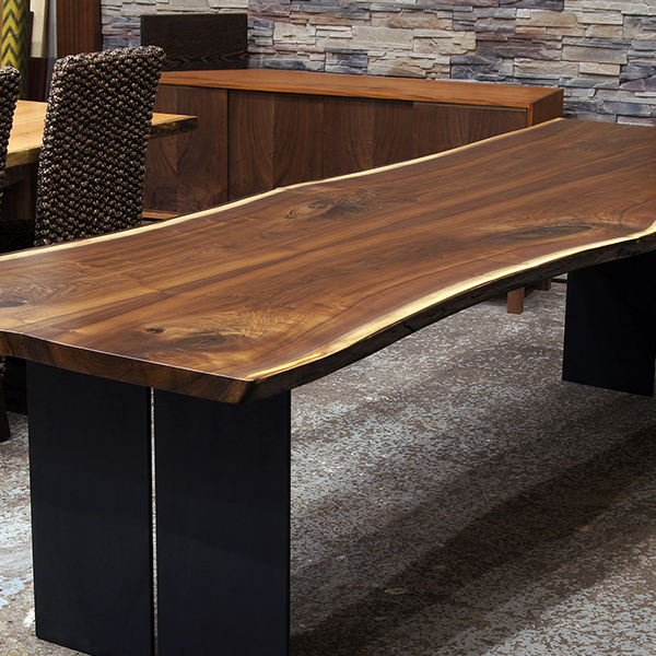 Book Matched Walnut Live Edge Dining Table with Steel Plate Legs, 108 inch Long by 38 inch Wide