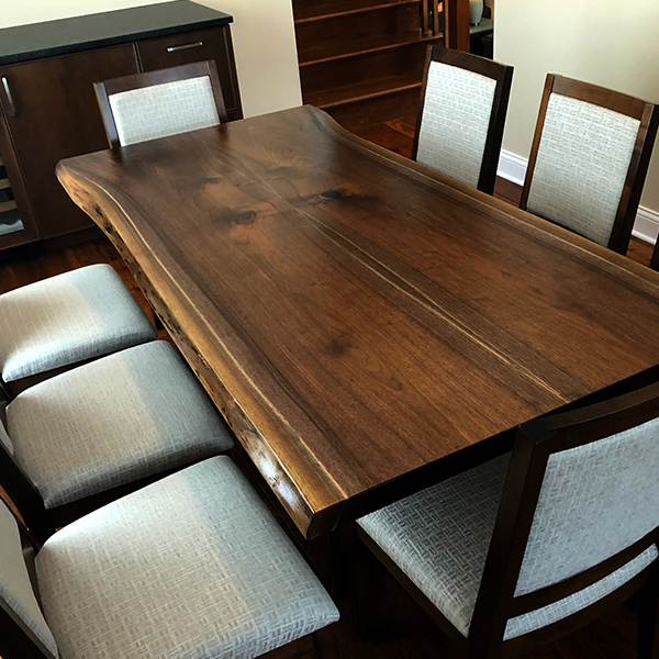 Book Matched Live Edge Walnut Dining Table Set with RH Yoder Wescott Side Chairs from Spiritcraft Furniture