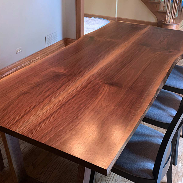 Walnut Live Edge Book-Match Dining Table with Heirloom Quality Trapezoid Legs, Matching Bench and RH Yoder Tifton Side Chairs - Generational Quality for Decades of Memories