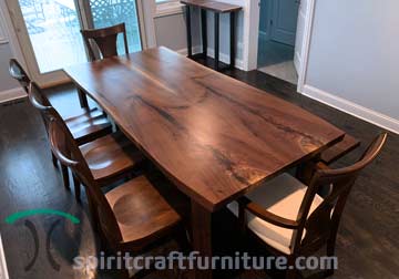 Black Walnut Live Edge Dining Table, Mirrow Image Book Match with RH Yoder Wellsburg Side and Arm Chairs, available at our retail furniture store in Chicago area, East Dundee, Illinois