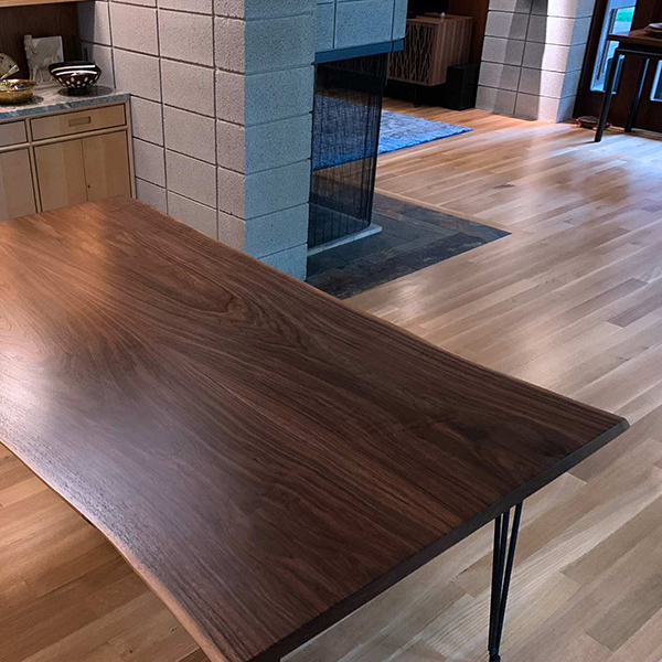 Black Walnut Live Edge Kitchen Dining Table on Mid Century Modern Hairpin Legs in Clients Open Concept Kitchen
