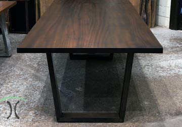Ribbonstripe Sapele Mahogany Dining Table Top, Stained Deep Mahogany with Solid Wood Trapezoid Legs, spiritcraft furniture in east dundee, il