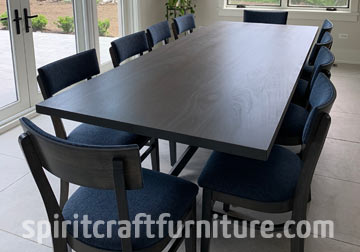 Sapele Dining Table, Stained Storm Grey on Custom Spider Base with Matching RH Yoder Emerson Side Chairs