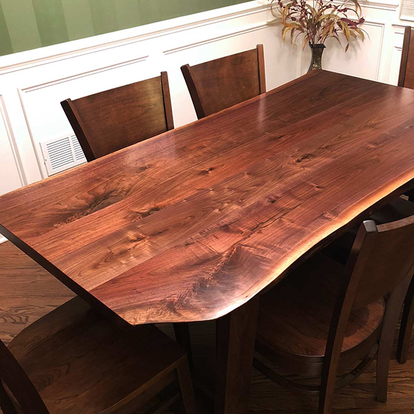 Black Walnut Three Slab Live Edge Dining Table with our U Shaped Mitered and RH Yoder Somerset Side Chairs in Cherry, Stained Chocolate Spice