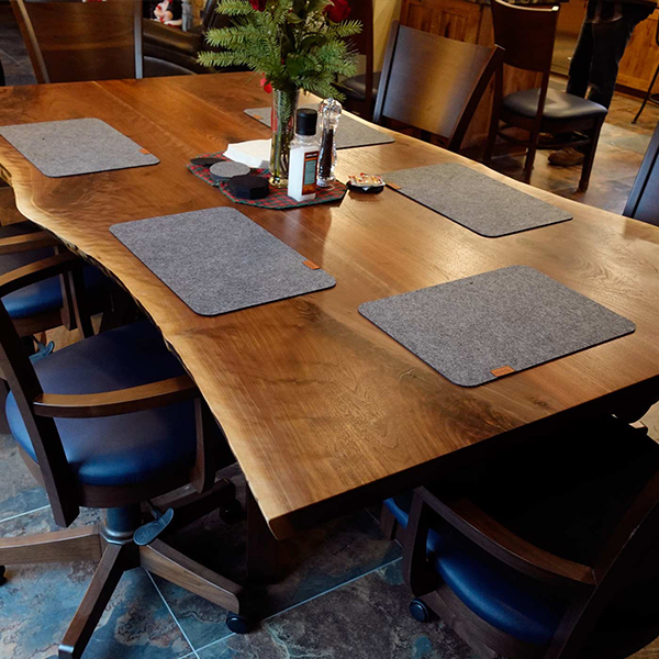 Walnut Live Edge Three Slab Dining Table with Wavy, "Organic" Edge and RH Yoder Somerset Arm Chairs with Optional Swivel Lift Bases and Indigo Leather Seats