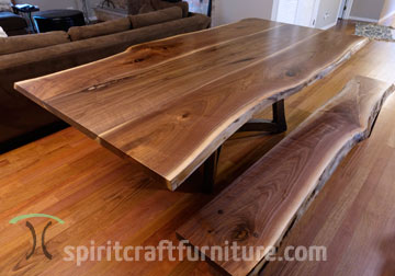 Three Slab Walnut Live Edge Dining Table with Tifton Base and Matching Bench