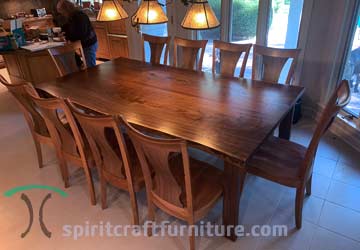 Black Walnut Three Slab Live Edge Dining Table, Fabricated to Have a Single Slab Appearance, Shown with RH Yoder Benjamin Chairs for Chicago Area Client