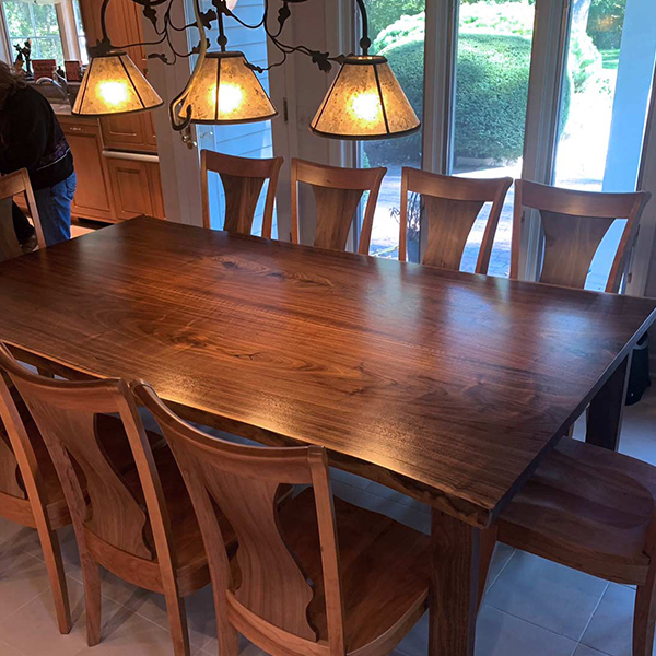 Black Walnut Three Slab Live Edge Dining Table, Fabricated to have a Single Slab Appearance and Assured Enduring Quality, Shown with RH Yoder Benjamin Chairs for Chicago Area Client