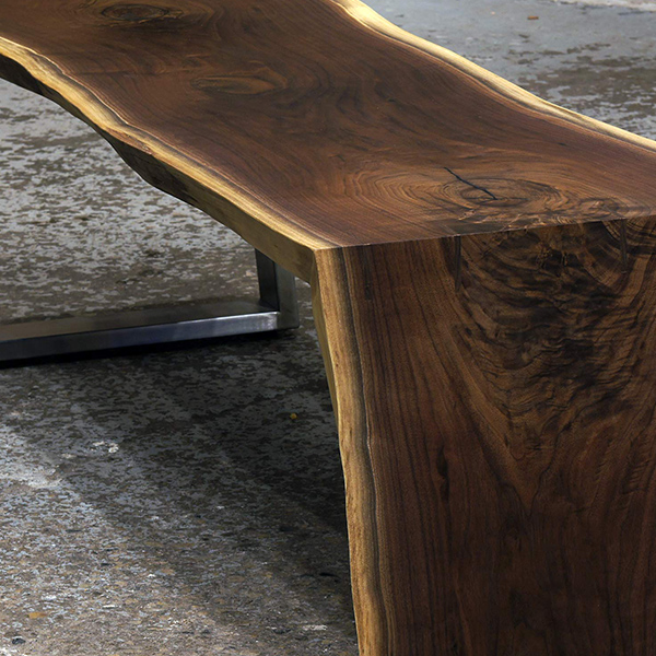 Black Walnut Live Edge Coffee Table with Waterfall Side and Stainless Steel Tapezoid Legs, Splined Miter Joinery