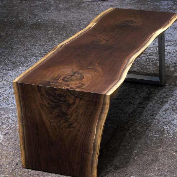 Black Walnut live edge coffee table with waterfall and stainless legs for Chicago area interior designer.