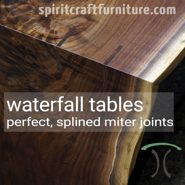 Waterfall Detail in Live Edge Black Walnut Coffee Table, We Make Perfectly Machined Miter Joints with Walnut Splines