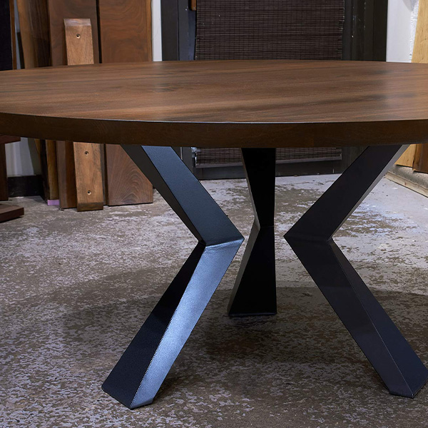 Handcrafted Solid Black Walnut Round Dining Top with Custom Made Welded Steel Knee Legs for Chicago Client