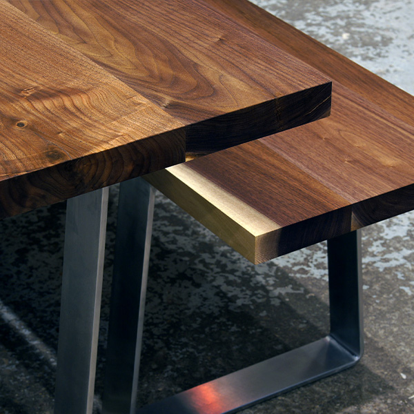 Custom Black Walnut Table and Bench with Bent Stainless Steel Legs