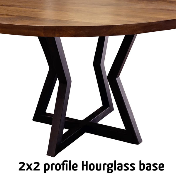 Round 54 inch black walnut dining table with 2x2 steel hourglass base
