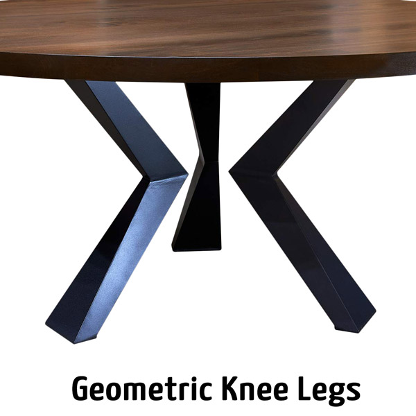 Round walnut dining table with geometric knee legs