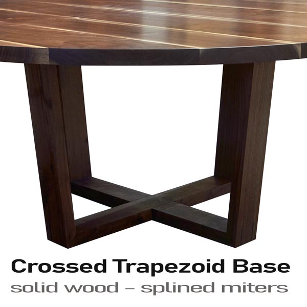 Round walnut dining table with solid wood cross trapezoid base