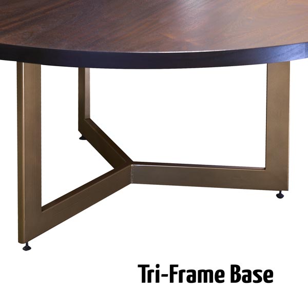 Sapele mahogany round dining table with powder coated tri frame base