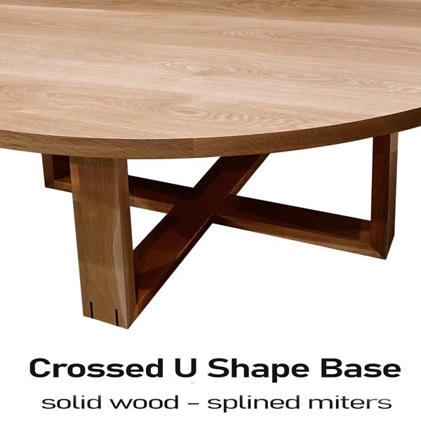 White oak round dining table with solid wood cross U shaped base