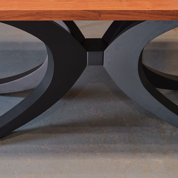 Wide Plank Bubinga Dining Table with Custom Steel Spider Arc Base