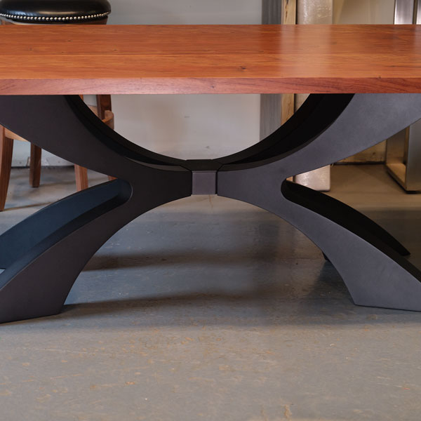 Solid Wood Wide Plank Bubinga Dining Table with Custom Steel Kay Arc Base