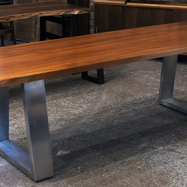 Custom-Made Sapele Slab Dining Table with Thick Stainless Steel Legs