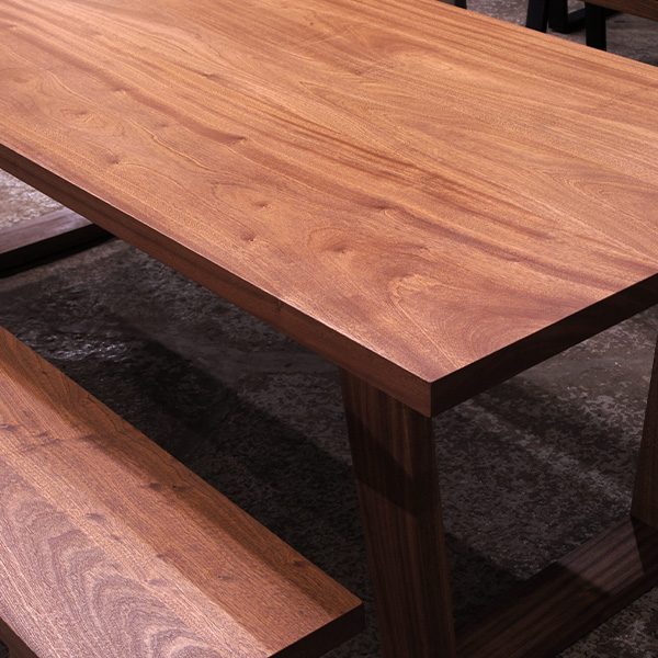 Thick Slab Dining or Conference table in Sapele Mahogany with Matching Plank Bench available in Chicago Area at Spiritcraft Furniture, Dundee, IL
