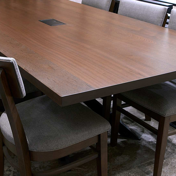 Sapele Mahogany Plank Style Conference Table Stained Walnut with Power - Data Grommet and RH Yoder Chairs for Chicago, Illinois Client