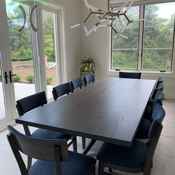 Sapele Dining Table, Stained Storm Grey on Custom Spider Base with Matching RH Yoder "Emerson" Side Chairs